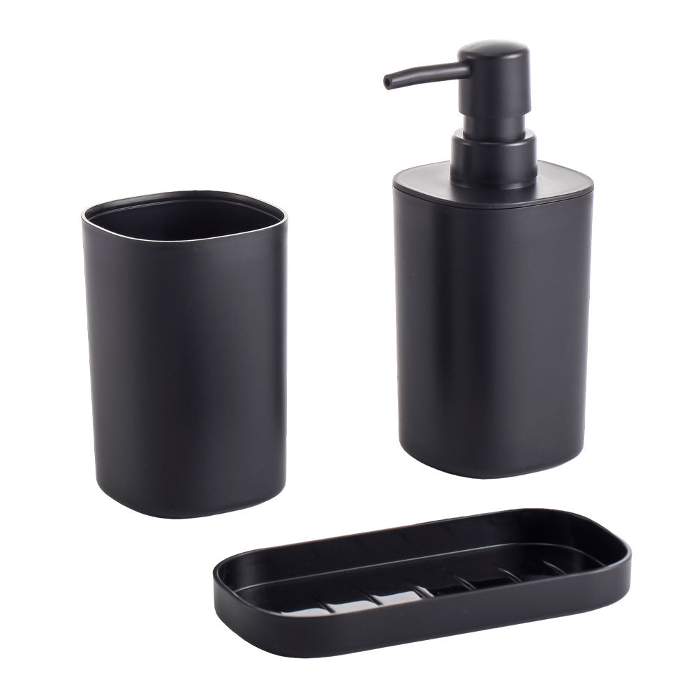 Set Dispensador De Jabón Nobre 350 Ml 3 Piezas Para Baño Negro