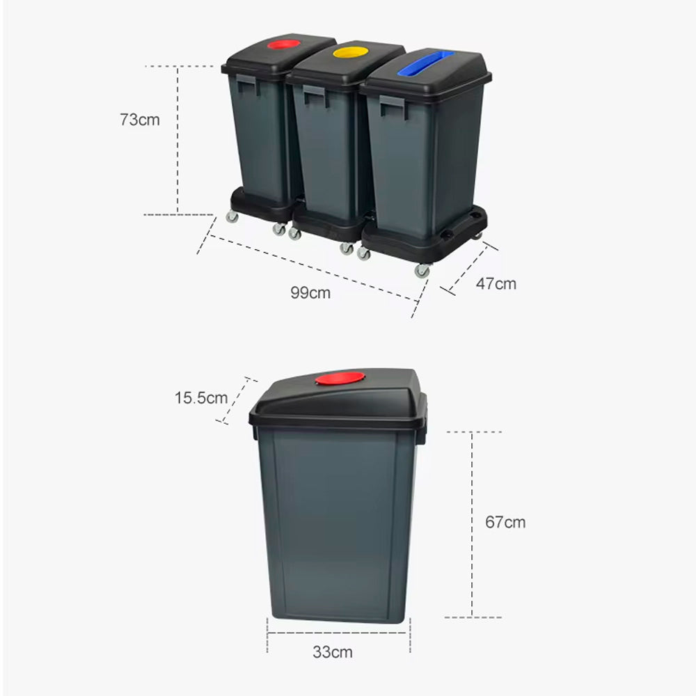Contenedor Reciclaje 3 x 60 LT Plástico ABS Negro con Ruedas