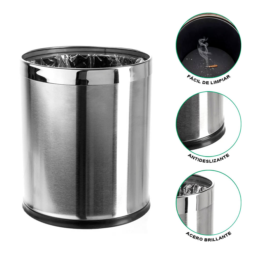Basurero Redondo Acero Gris Doble Capa 10 Litros