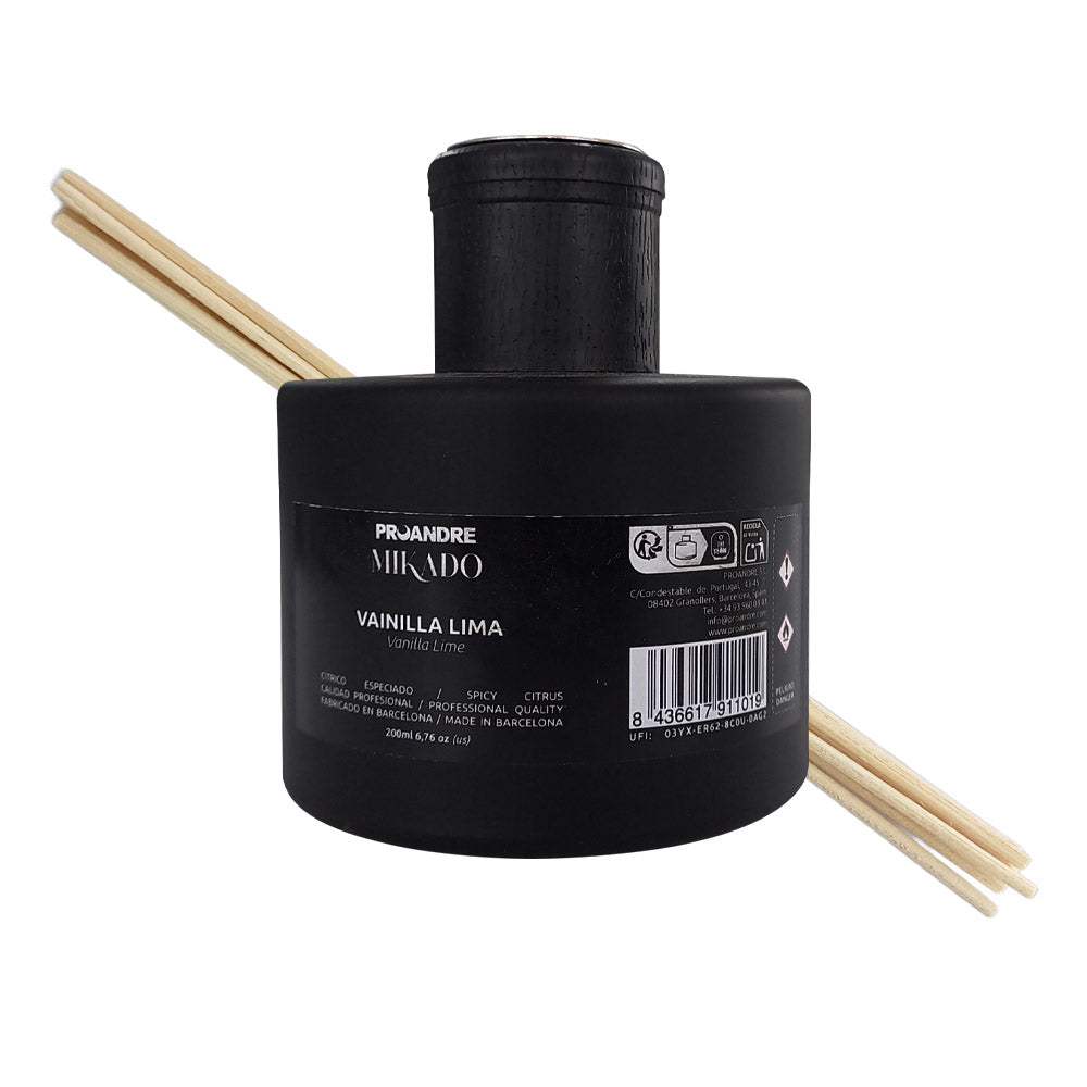 MIKADO VAINILLA LIMA Frasco 200ml Negro + 6 varillas rattan