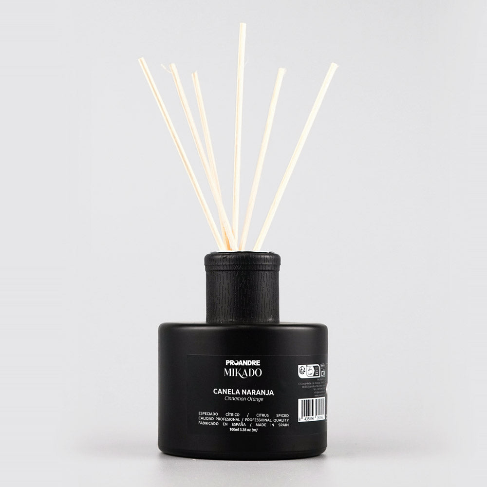 MIKADO CANELA ORANGE 200 ml/Frasco Negro + 6 varillas rattán