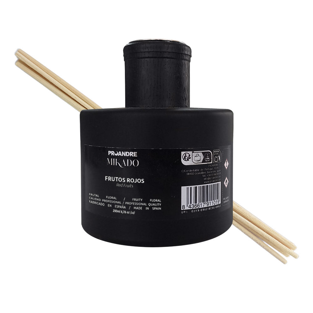 MIKADO FRUTOS ROJOS 200 ml/Frasco Negro + 6 varillas rattan