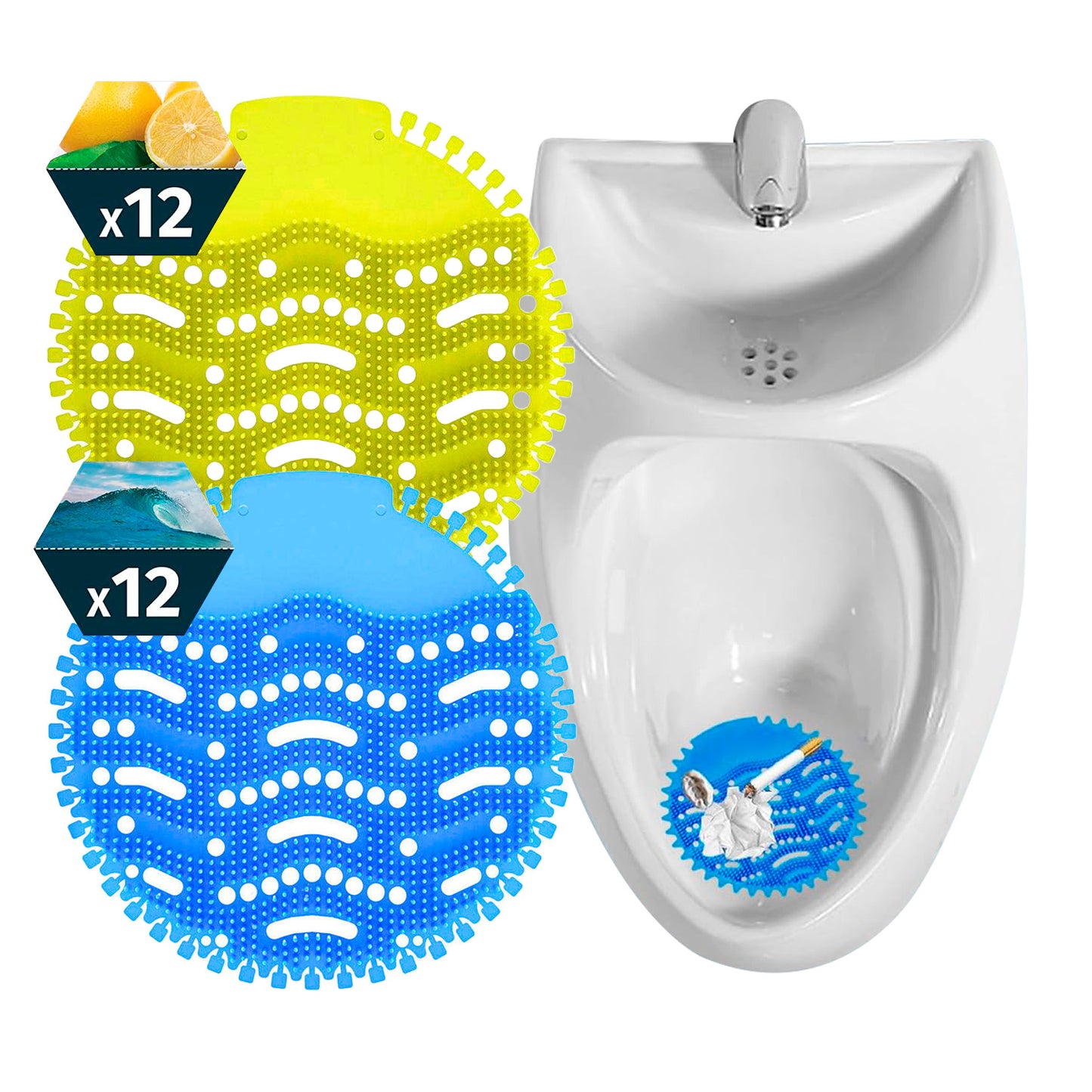 24 Tapetes Urinarios Redondos Azul y Amarillo
