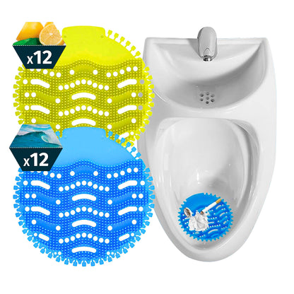 24 Tapetes Urinarios Redondos Azul y Amarillo