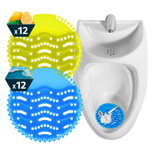 24 Tapetes Urinarios Redondos Azul y Amarillo