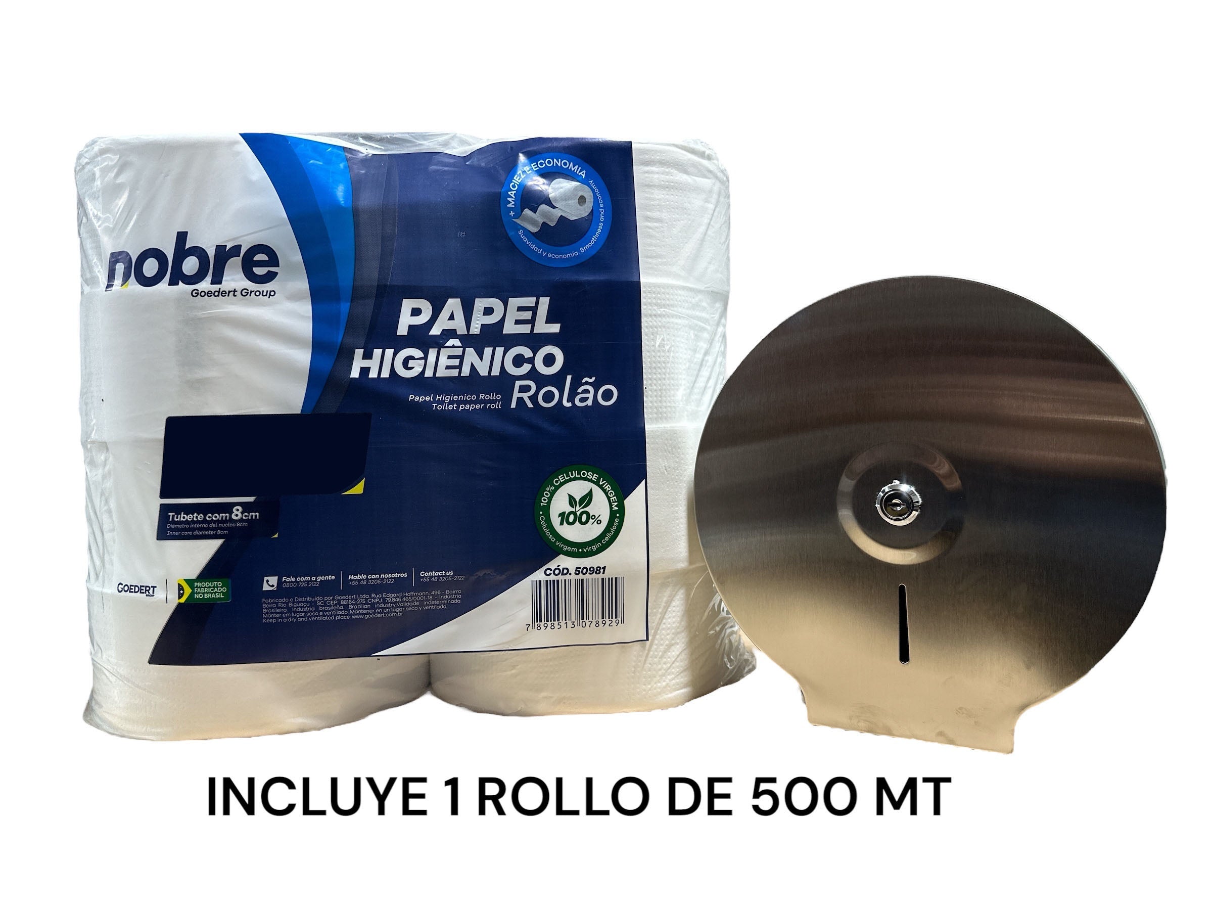 Pack 1 Rollo Papel Nobre 500 Mt + Disp. Jumbo Metálico