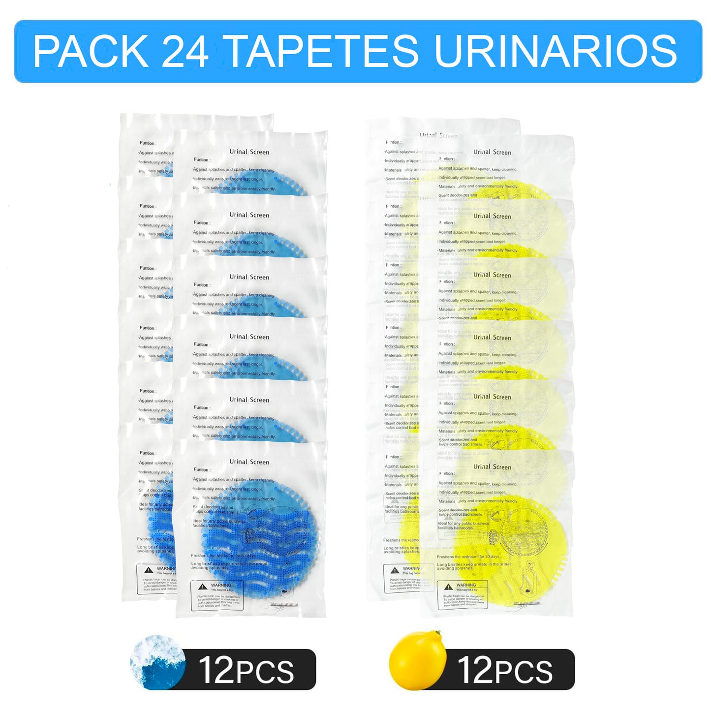 24 Tapetes Urinarios Redondos Azul y Amarillo
